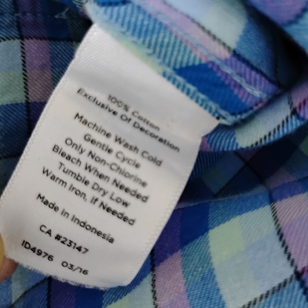 Talbots 100% Cotton Plaid Button Up Shirt Blue Purple Colorful Classic Sz Large - Picture 15 of 15